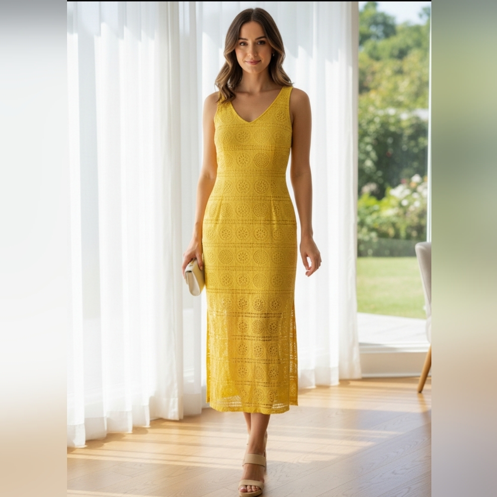 Sharagano Sunny Yellow Sleeveless Midi Dress - Picture 2 of 9